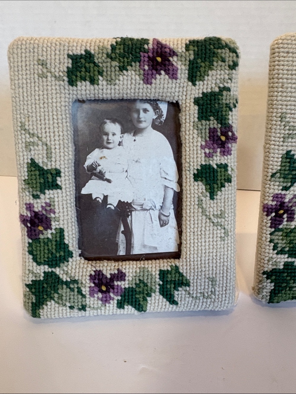 Vintage Handmade Floral Needlepoint Picture Frames - Pair of 2